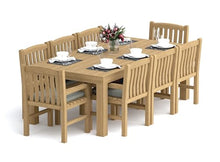 WholesaleTeak 8 Seats 9 Pcs Grade-A Teak Wood Dining Set: 86" Canberra Rectangle Table and 8 Devon Arm Chairs #11DV1908