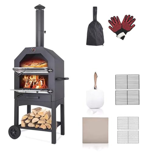 NEONMAN Outdoor Pizza Oven pizza oven outdoor outdoor pizza outdoor ovens 2-Layer Pizza Oven Wood Fired outdoor oven with 2 Removable Wheels Built-in Thermometer Peel, Cover & Cooking Grids
