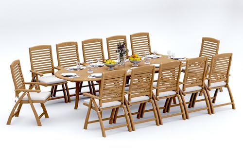 TeakFurnitureOutlet A-Grade Teak 13pc Dining 118" Oval Table Ashely Folding Reclining Arm Chairs Set