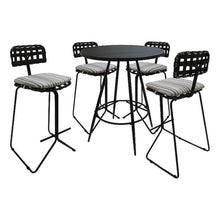 Pemberly Row Outdoor/Indoor Metal Pub Set, 30 in Bar Stool, Beige Fabric, Black Powder-Coated Frame, Durable Armless Design, UV-Resistant Seat, Patio Deck Porch Bar Table Seating