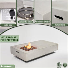 60" Propane Gas Fire Pit Table, 50,000 BTU Rectangular Outdoor Concrete Fire Pit with Lava Rocks, Pulse Ignition & Cover, Large Patio Heating Table for Backyard, Deck & Garden, Light Gray