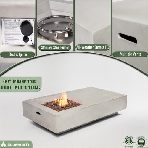 60" Propane Gas Fire Pit Table, 50,000 BTU Rectangular Outdoor Concrete Fire Pit with Lava Rocks, Pulse Ignition & Cover, Large Patio Heating Table for Backyard, Deck & Garden, Light Gray