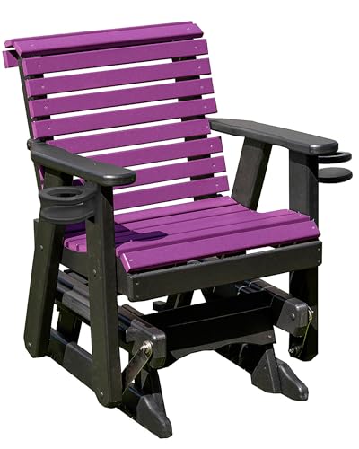Amish Craftsmanship Made in USA 2FT Heavy Duty Poly Lumber Wood Porch Patio Glider HDPE with No wood fibers Lancaster Series Rollback design 500 lbs Limit With Cupholders Purple on Black