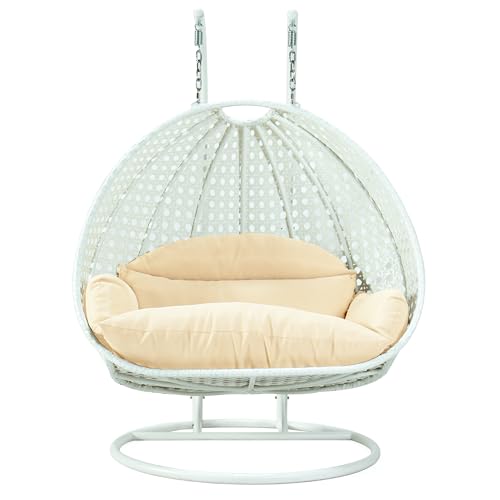 LeisureMod 2 Person Wicker Egg Chair, Cream