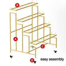 ZOCWJK 4 Tier Gold Plant Stand with 16 Flower Buckets Mobile Metal Plant Display Shelf with 4 Wheels Flower Pot Holder for Weddings and Gardens,4 Layerswith White Bucket