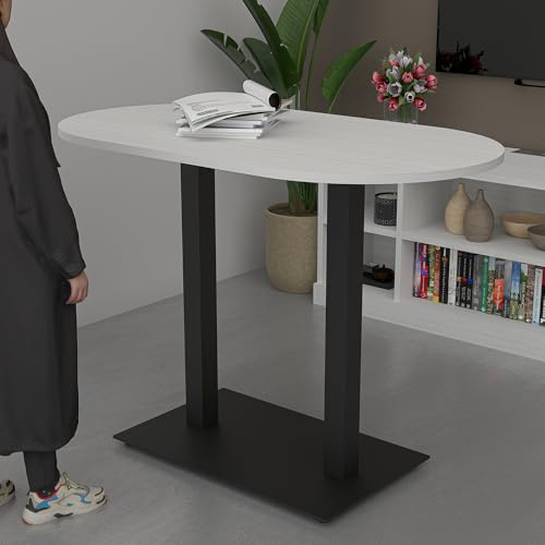 4 Person Harmony Series Small Bistro Height Racetrack Shaped Table with Matte Black Double Base | Standing Height Table for Offices & Breakroom | Natural Eucalyptus - 36"d X 60"w X 43"h.