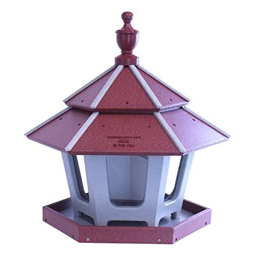 AmishToyBox.com Gazebo Bird Feeder - Deluxe Triple Compartment Post-Mount Large Bird Feeder - Made in The USA with Poly Lumber (Cherry Wood and Light Gray)