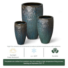 Emissary - Tall Rd Texture Pot Lg, 21in. L x 35in. H Teal Stoneware Round Planters with High-fire Treatment (Set of 3)