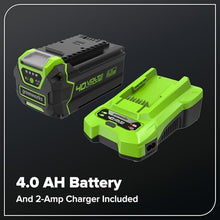 Greenworks 40V 12in Brushless Snow Shovel with LED Light, Directional Chute Control, and Enclosed Battery Cover with 4.0Ah Non-USB Battery and 2A Single Port Charger