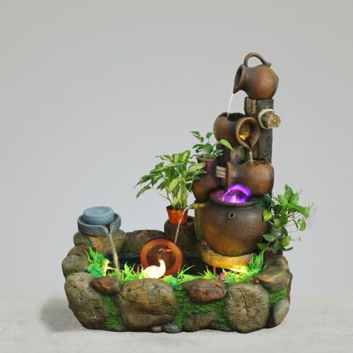 Rustic Rock Water Fountain with LED Lights and Planter Accents – Indoor/Outdoor Cascading Waterfall Feature for Home or Garden Decor(2172)