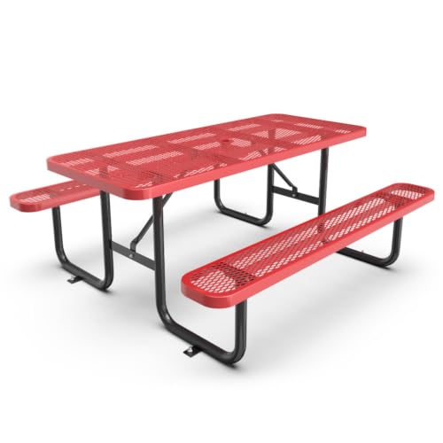 Hassyee Heavy Duty Outdoor Picnic Table and Build-in Benches Set with Mesh Design for Poolside,Garden, Patio Furniture Set with Steel Legs and Umbrella Hole for Park, Balcony (Red 6ft Long Table)