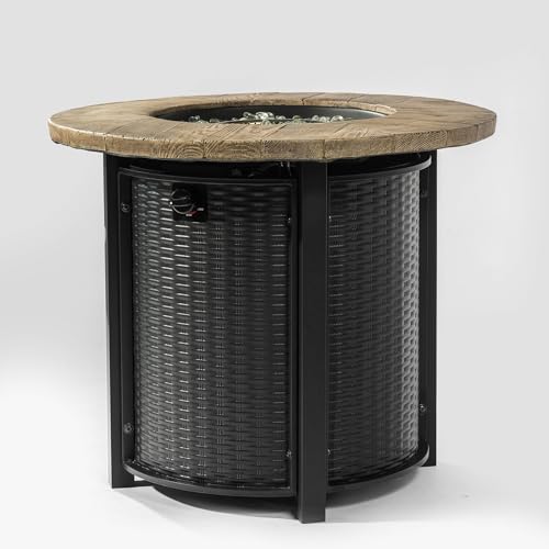 30" Propane Gas Fire Pit Table, Round Steel Fire Pit with Imitation Wood Grain Finish for Outside Patio Deck Garden Backyard- Black
