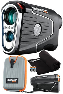 PlayBetter Bushnell Golf Pro X3+ Plus Golf Laser Rangefinder Bundle - Slope-Switch, Dual Display, PinSeeker with Visual JOLT, Accurate Readings - Includes PlayBetter Microfiber Towel & Extra Battery Rangefinder Bundle