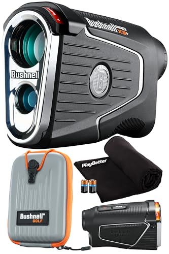 PlayBetter Bushnell Golf Pro X3+ Plus Golf Laser Rangefinder Bundle - Slope-Switch, Dual Display, PinSeeker with Visual JOLT, Accurate Readings - Includes PlayBetter Microfiber Towel & Extra Battery Rangefinder Bundle