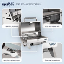 Bunker Up Fishin Stainless Steel Boat Grill with Rod Holder Mount - Great for Boating and Camping - Portable Tabletop BBQ Grill, 12000 BTU Burner, 277 sq.in Grilling Space and 87 sq.in Warming Rack