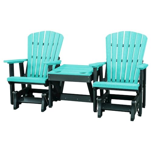 Outdoor Escape Double Glider Bench with Center Table, Aruba Blue, Heavy Duty Poly Lumber, Outdoor 2-Person Patio Glider