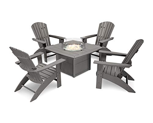 POLYWOOD Nautical 5-Piece Curveback Adirondack Chair Conversation Set with Fire Pit Table