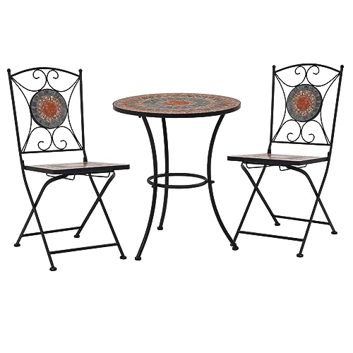JKSVTF 3 Piece Mosaic Bistro Set Ceramic Tile Orange/Grey, Garden Table and Chairs, Garden Chairs Set, Patio Set, Outdoor Table and Chairs, Garden