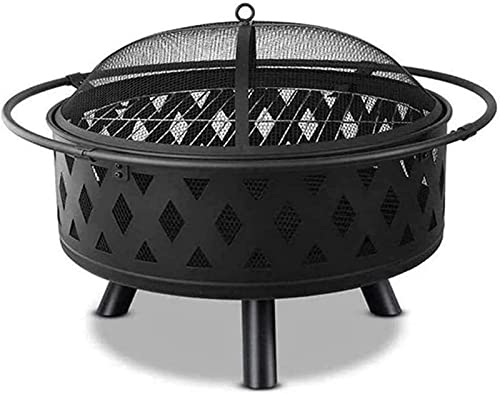 Garden Fire Pit Portable Grill Barbecue Rack Outdoor Large Bonfire Wood Burning Patio Coal Grill Firepit for Grill Charcoal Grill with Spark Screen with Cover BBQ Cooking for Camping