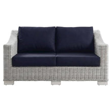 Outdoor Escape Blue Wicker Rattan Loveseat, Cushioned Seating, Weather-Resistant Design for Outdoor Patios, Garden, Backyard