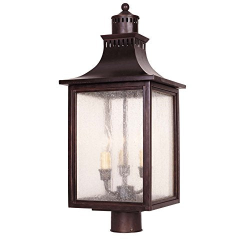 Savoy House 5-255-13 Monte Grande Modern Farmhouse Rustic Pale Cream Seeded Glass Outdoor Post Lantern, 3-Light 120 Total Watts, 24" H x 10" W, English Bronze