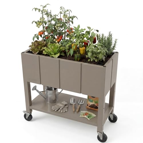 EnGrow Raised Garden Bed with Legs and Wheels - Mobile Planter Box with Storage Shelf & TrueSoil® Technology - Elevated Outdoor Garden for Vegetables, Herbs, Flowers - Stone Gray.