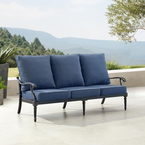 Oakland Living Black Aluminum Patio Deep Seating Outdoor Sofa Couch with Blue Cushions