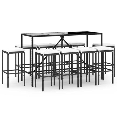 TEKGHUT 11 Piece Patio Bar Set with Cushions Black Poly Rattan Outdoor