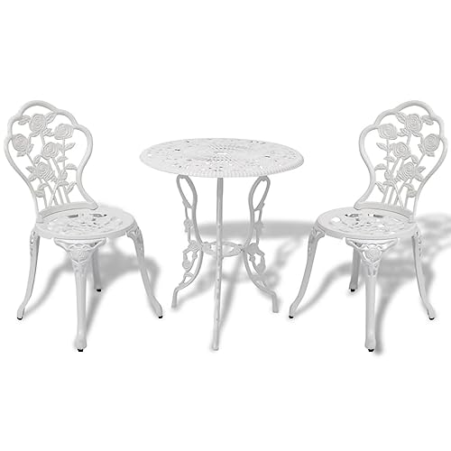 JKSVTF 3 Piece Bistro Set Cast Aluminium White, Garden Table and Chairs, Garden Chairs Set, Patio Set, Outdoor Table and Chairs, Garden Table Set -