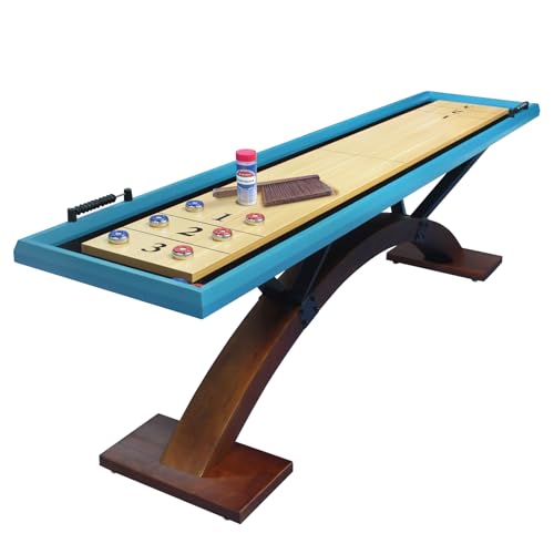 Beneouya Shuffleboard Table Curved Base Blue Top with 8 Pucks