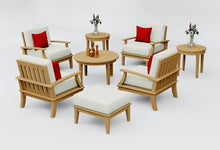 TeakStation 8 Pc Teak Wood Lounge Chair Set: 4 Lounge Chairs, Ottoman, Round Coffee Table & 2 Round Side Tables with Cushions in Outdoor Sunbrella Fabric #5404 Canvas Natural