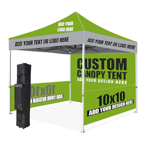 Custom Canopy Tent 10 x 10 Pop Up Canopy Tent for Tradeshow Advertising Gazebos with Logo, Nano-Grade Water Repellent Heavy Duty for Outdoor Events Business, w/Roller Bag (1 Full Wall + 2 Half Wall)