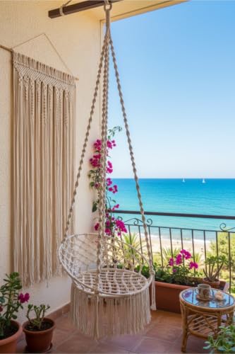 Handmade Macrame Swing Hammock Chair 220.5 lb Capacity Ecru Cotton Rope for Indoor Outdoor Garden - Ecru