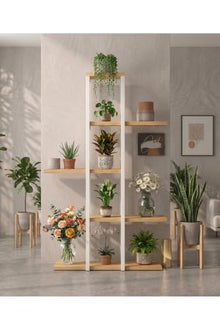 SODEF 5-Tier Metal Plant Stand with Wood Shelves 43.3 in Height Atlantic Pine Wood for Living Room Balcony Office Modern Scandinavian Style - Pine