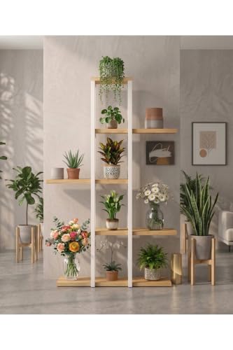 SODEF 5-Tier Metal Plant Stand with Wood Shelves 43.3 in Height Atlantic Pine Wood for Living Room Balcony Office Modern Scandinavian Style - Pine