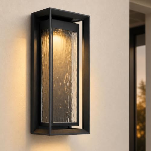 Generation Lighting OL13704TXB-L1 Urbandale Modern LED Extra Large Outdoor wall Lantern Fixture in Textured Black stonestrong Coastal Finish and Clear Water Glass