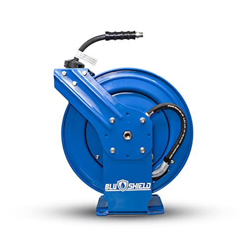 BluShield 1/4" Pressure Washer Dual Arm Hose Reel with 35% Lighter Polyester Braided Hose - Hot and Cold Water, 1 Year Warranty, 3100 PSI, M22 (1/4" x 50')