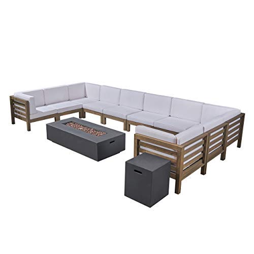Great Deal Furniture GDFStudio Outdoor U-Shaped Sectional Sofa Set with Fire Pit - 12-Piece 10-Seater - Acacia Wood - Outdoor Cushions - Gray with White and Dark Gray