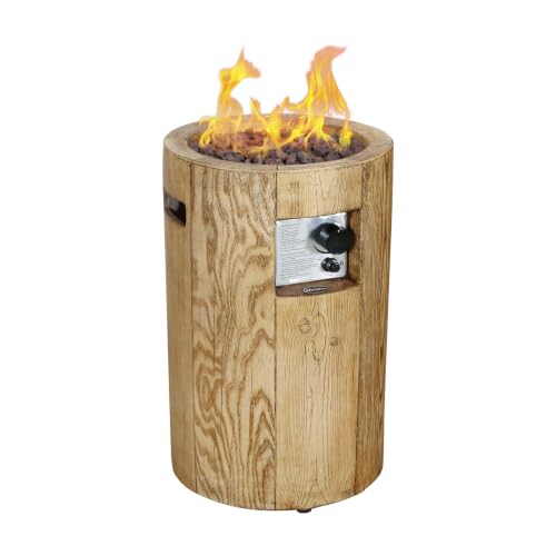 Afterglow 16" Round Propane Fire Pit Smokeless Propane Fire Column Terrafab 40,000 Btu with Lava Rocks & Weather Resistant Cover for Outdoor Patio Garden Backyard Decking Decor, Brown Wood Grain