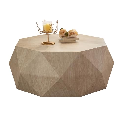 Modern Farmhouse Drum Coffee Table, Round Wooden Center Table with Fir Wood Top, No Assembly Required, Rustic Farmhouse Coffee Table for Living Room, Dining Room & Office