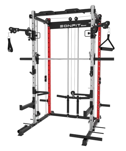 EonfitOmni Smith Machine Power Cage Squat Rack with Cable Crossover, Red320