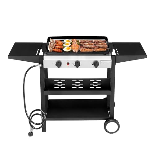 3-Burner Flat Top Gas Griddle Cooking Station with Ceramic Coated Cast Iron Pan, 30,000 BTU Propane Fuelled Griddle Station with Side Shelves & Spice Rack for Outdoor Barbecue Backyard Cookout