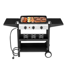 3-Burner Flat Top Gas Griddle Cooking Station with Ceramic Coated Cast Iron Pan, 30,000 BTU Propane Fuelled Griddle Station with Side Shelves & Spice Rack for Outdoor Barbecue Backyard Cookout