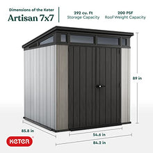 Keter Artisan 7 x 7 Foot Large Modern Design Outdoor Shed with Floor for Outdoor Furniture, Lawn Equipment, Bikes, and Gardening Tools, Gray