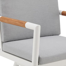 Armen Living Crown Outdoor Patio Swivel Counter Stool in White Aluminum with Wood Accent and Light Gray Cushions