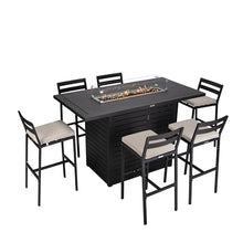LeisureMod Chelsea Collection Aluminum Outdoor Dining Set with Fire Pit Table and 6 Bar Chairs Beige
