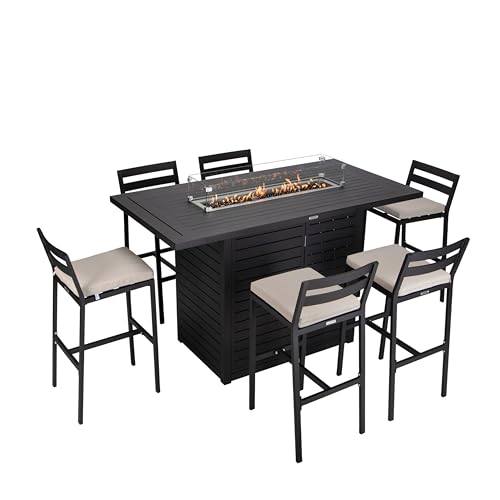 LeisureMod Chelsea Collection Aluminum Outdoor Dining Set with Fire Pit Table and 6 Bar Chairs Beige
