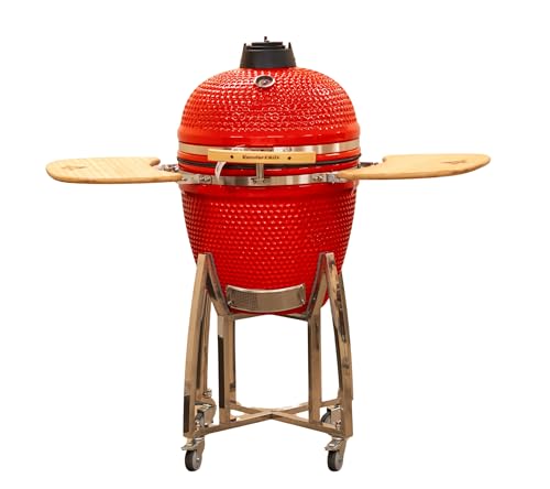 21" Kamado Grill COALS by Comfortbil Charcoal Ceramic Grill Smoker with Cart, Side Shelves and 412 Cooking Square Inches in Red