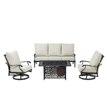 Black Aluminum Patio Fire Table Set with Deep Seating Sofa with Cushion and Two Club Chairs with Light Grey Cushions