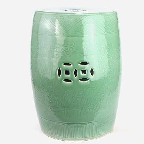 JOYNOW Ceramic Garden Stool Decorative Garden Stools Handmade Green Glaze Color Glaze Embossed Copper Coins Porcelain Stool Cooler Stool Home Furnishing Items Garden Stool Ceramic(B)